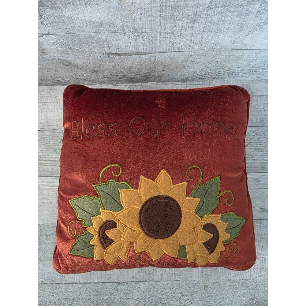 Bless Our House Orange Velour Sunflower Embroidered Throw Pillow 11"